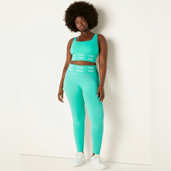 VS Pink 3-Piece SET Teal Ice Shine Perfect Tee With Seamless Leggings & Bra - Picture 12 of 16